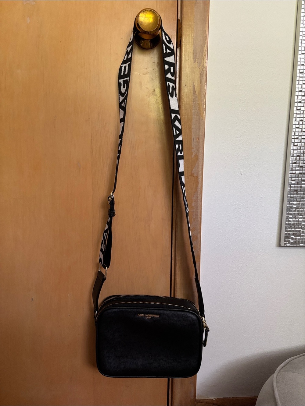 Karl Lagerfeld Black Pebbled Leather Crossbody with Logo Strap